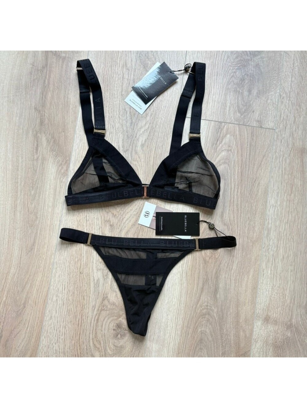 Bluebella Lilia Sheer Mesh Bra Thong Set Black Triangle Bralette Size S NWT